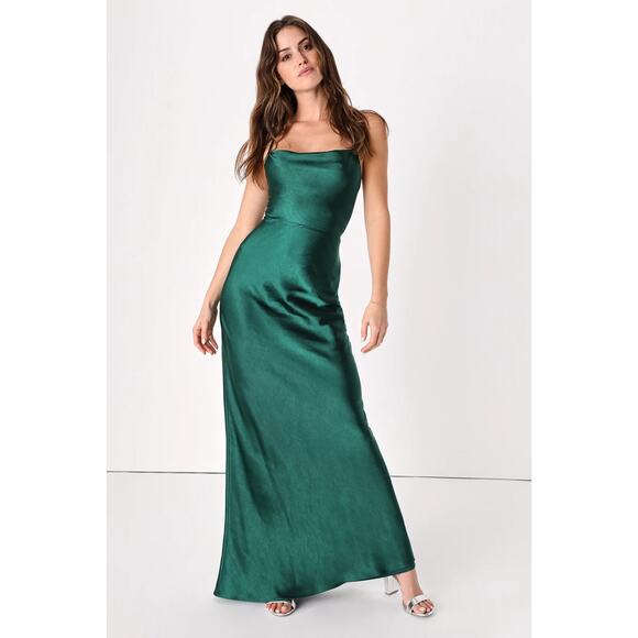 Lulus Inspire Forest Green a Satin Cowl Neck Lace-Up Maxi Dress size Small - Picture 1 of 16